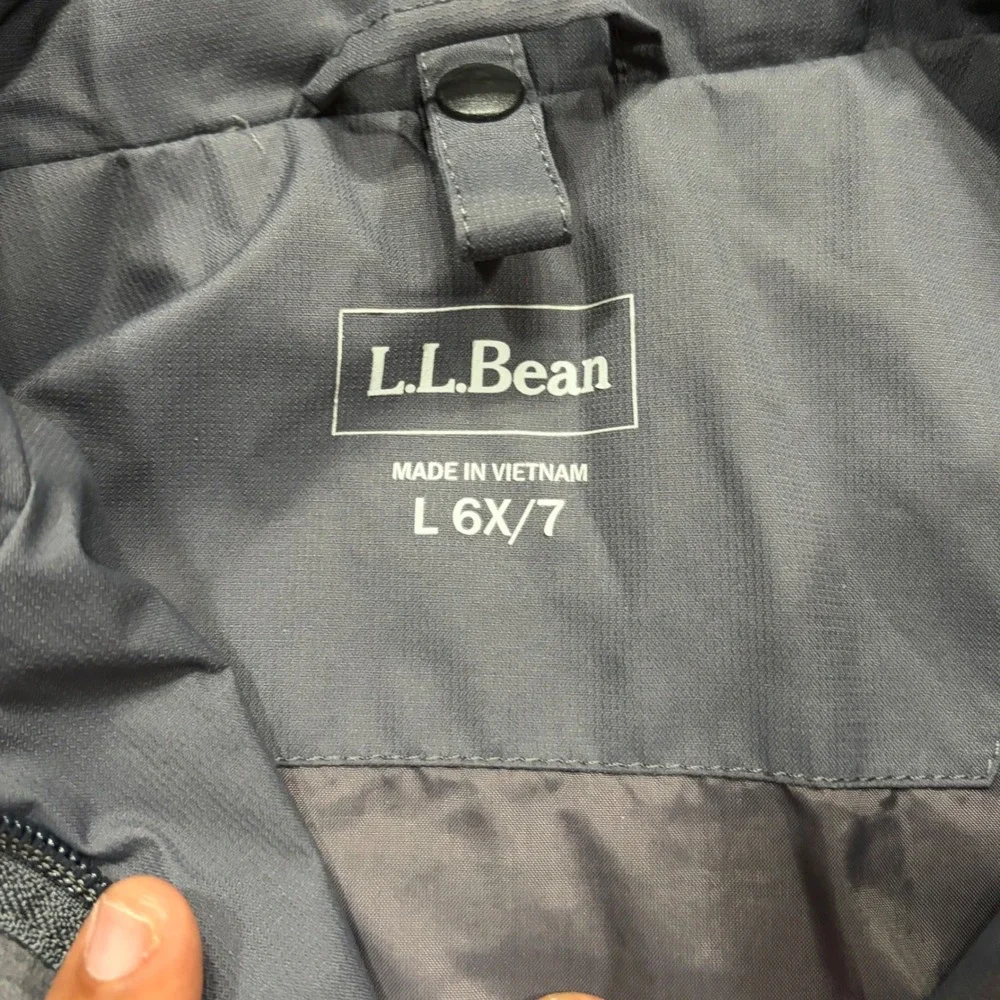 LL Bean Kids Gray Neon Green Hooded Rain Jacket Size L 6X/7 Colorblock Shell